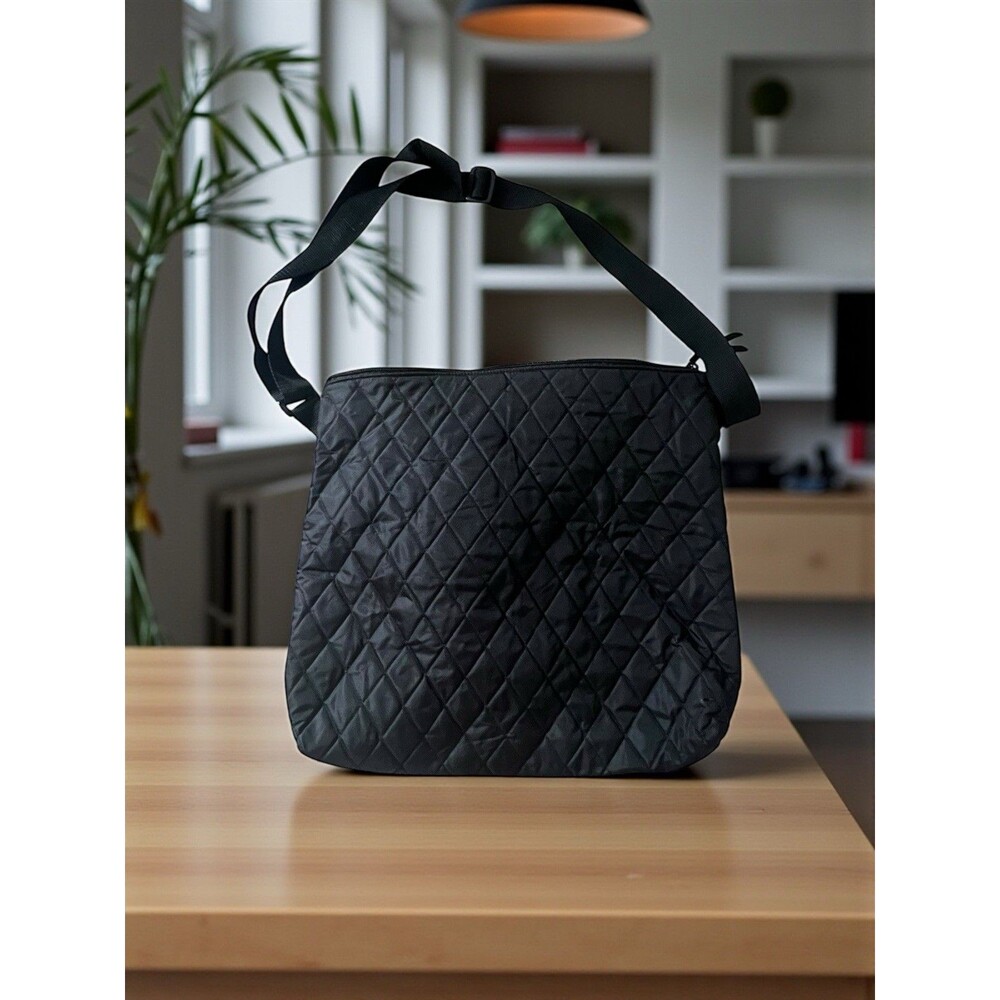 Black Quilted Shoulder Bag Purse Nylon Puffer Zip Top Adjustable Strap